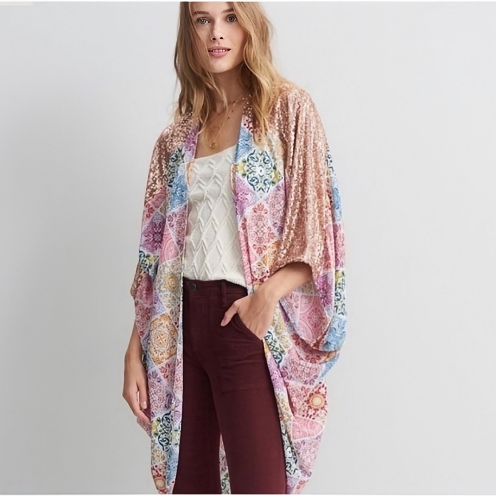 Anthropologie Colorful Tile Patterned Rosé Shoulder Sequins Kimono